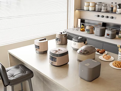 Modern Kitchen Countertop Displaying Multiple Appliances Eggs Cookies And Shelves With Jars Condiments 3d model