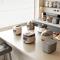 Modern Kitchen Countertop Displaying Multiple Appliances Eggs Cookies And Shelves With Jars Condiments