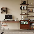 Middle Ancient Style Desk and Chair Computer Side Cabinet Book Ornaments 3d model