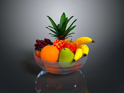 Fresh Assorted Fruits in Clear Glass Bowl with Pineapple Banana and Grapes 3d model