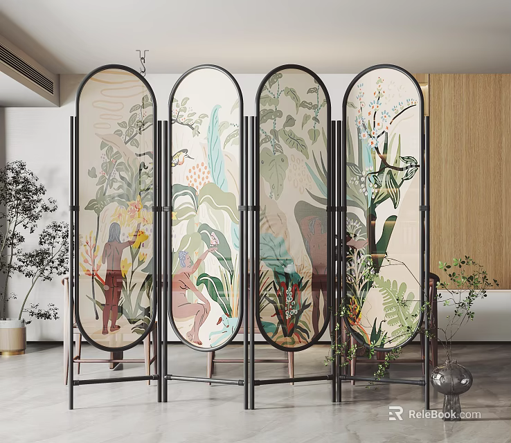 Modern Decorative Screen With Botanical Prints Glass Panels And Metal Frames Design 3d model