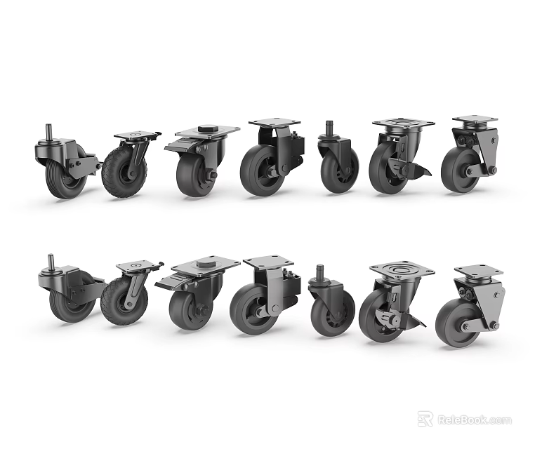 Various Black Industrial Caster Tires In Different Sizes And Structural Designs 3d model