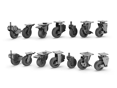Various Black Industrial Caster Tires In Different Sizes And Structural Designs 3d model