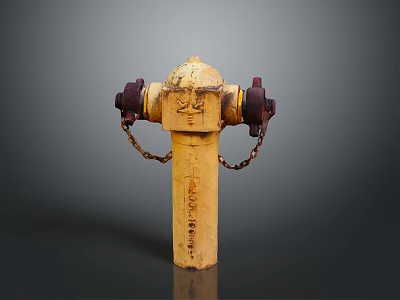 Yellow Vintage Fire Hydrant With Chains And Valves On Dark Background 3d model