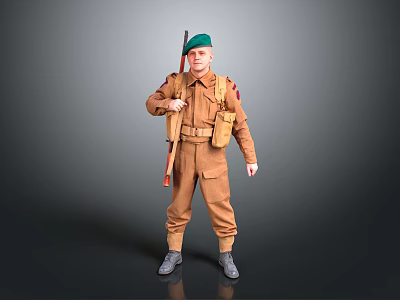 Man In Brown Military Uniform With Green Beret Holding Rifle And Gear 3d model