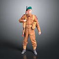 Man In Brown Military Uniform With Green Beret Holding Rifle And Gear