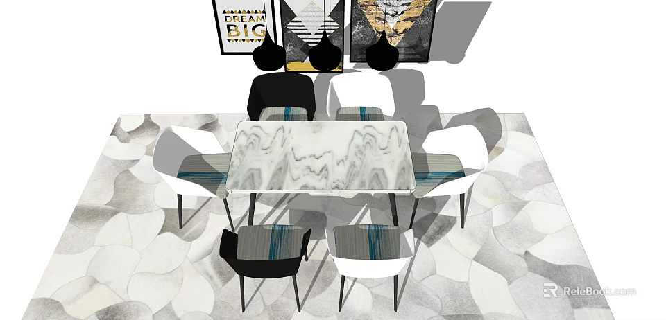 Modern Dining Table Set With Marble Top Black White Chairs And Decorative Wall Art 3d model 