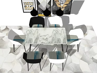 Modern Dining Table Set With Marble Top Black White Chairs And Decorative Wall Art 3d model