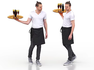 Two Men In White T Shirts And Black Aprons Carrying Trays With Drinks 3d model