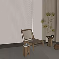 Leisure Chair in Minimalist Room with Vertical Striped Wall Wooden Side Table and Potted Plant
