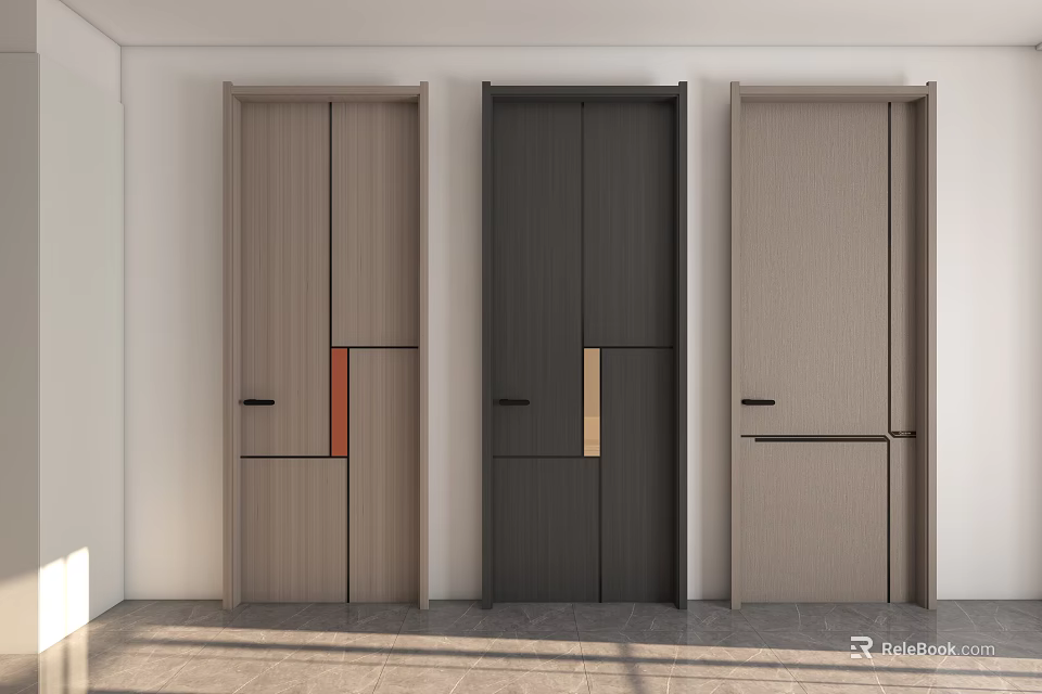 Modern Interior Design Featuring Three Flush Doors With Different Wooden Panels And Handle Details 3d model