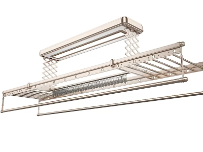 Stainless Steel Ceiling Mounted Clothes Drying Rack With Multiple Hanging Rods And Light Bar 3d model