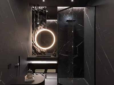 Modern Bathroom Interior With Black Marble Walls Round Backlit Mirror Glass Partition And Shower Area 3d model