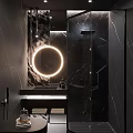 Modern Bathroom Interior With Black Marble Walls Round Backlit Mirror Glass Partition And Shower Area