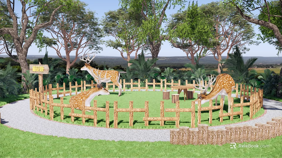 Scenic Park Landscape With Deer Wooden Fence Green Grass Trees And Sign 3d model 