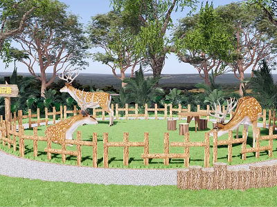 Scenic Park Landscape With Deer Wooden Fence Green Grass Trees And Sign 3d model