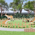 Scenic Park Landscape With Deer Wooden Fence Green Grass Trees And Sign