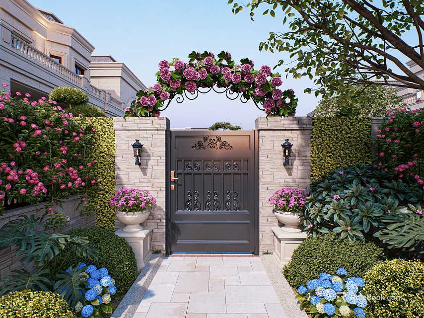Elegant Entry Gate With Floral Arch Purple Pink Flowers Stone Walls And Green Shrubs 3d model 