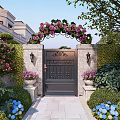 Elegant Entry Gate With Floral Arch Purple Pink Flowers Stone Walls And Green Shrubs