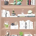 Modern Bookshelf With Stacked Books Decorative Vase Small Potted Plant And Geometric Sculpture