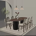 Warm Retro Solid Wood Oval Dining Table Set With Six Patterned Upholstered Chairs
