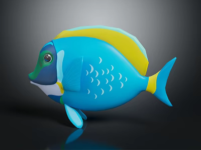 3D Playful Cartoon Fish Character With Blue Body Yellow Stripe And White Wave Patterns 3d model