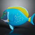 3D Playful Cartoon Fish Character With Blue Body Yellow Stripe And White Wave Patterns