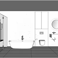 Modern Minimalist Bathroom Interior With White Bathtub Round Mirror And Glass Shower