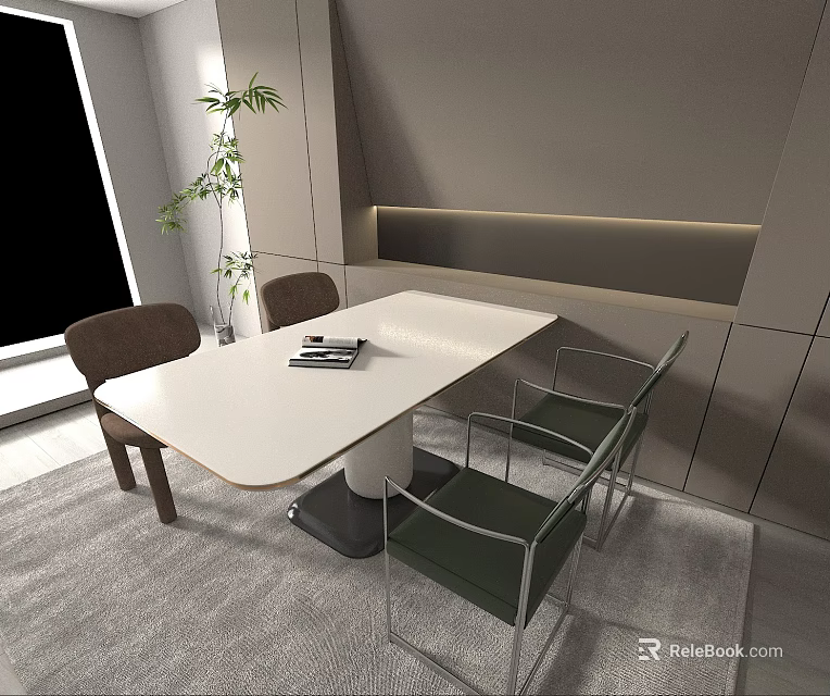 Modern Dining Table Set With White Surface Green Chairs And Plant In Minimalist Indoor Space 3d model 