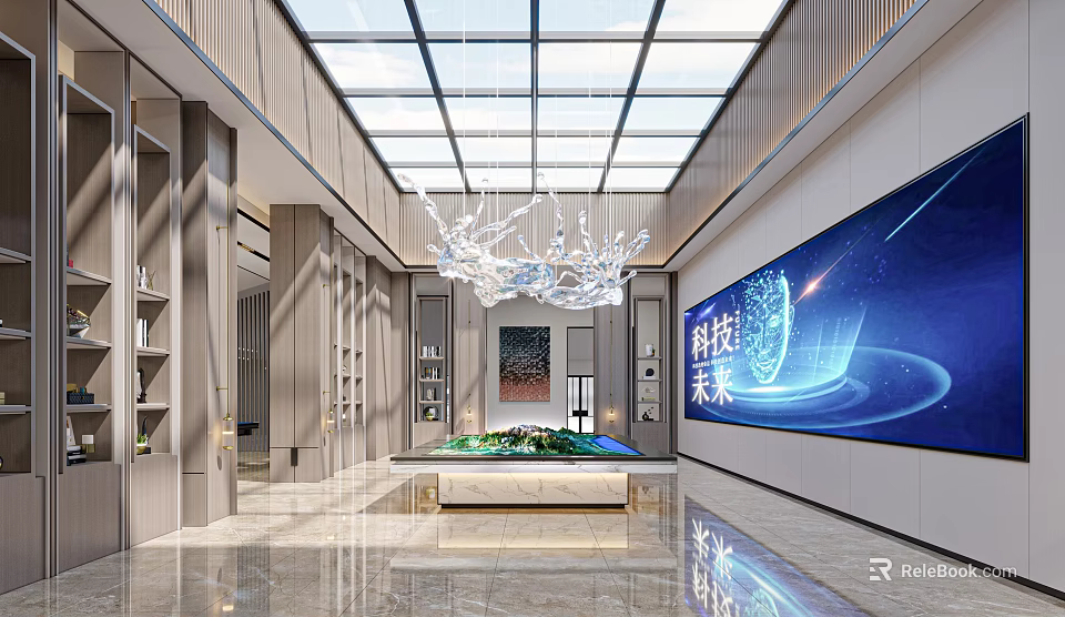 Modern Technology Future Themed Lobby Interior With Large Digital Screen And Chandelier 3d model 