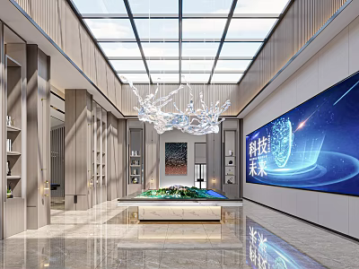 Modern Technology Future Themed Lobby Interior With Large Digital Screen And Chandelier 3d model