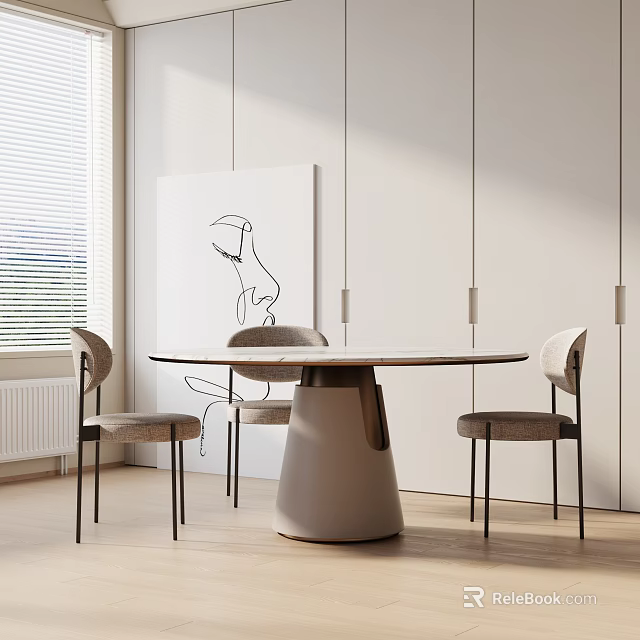 Round Modern Dining Table Set With Gray Chairs White Base And Wall Art 3d model