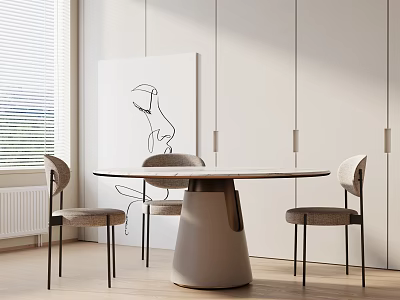 Round Modern Dining Table Set With Gray Chairs White Base And Wall Art 3d model