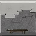 Traditional Chinese Background Wall With Gray Brick Tiered Eaves Flying Birds Decoration And Wooden Bench