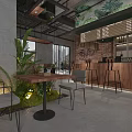 Industrial Style Café with Wooden Furniture Stone Walls Green Plants and Natural Light
