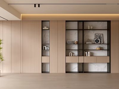 Modern Living Room Interior With Wooden Walls And Marble Display Shelves 3d model