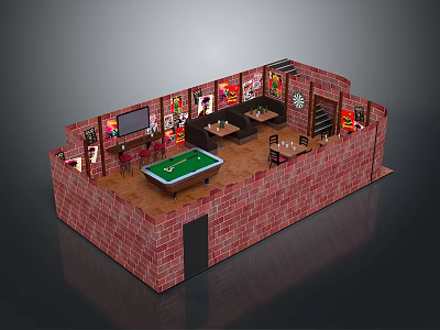 Red Brick Game Room Interior With Pool Table Posters TV And Tables Chairs 3d model