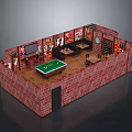 Red Brick Game Room Interior With Pool Table Posters TV And Tables Chairs 3d model