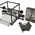 Modern Black Canopy Bed With Nightstands Table Lamps Lattice Cabinet Chair And Bench