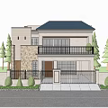 Detached Villa Exterior With Balcony Railing Green Plants And Trees