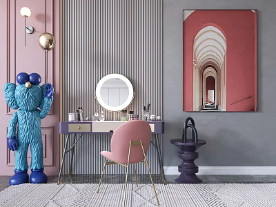 Modern Vanity Table With Round Mirror Pink Chair Blue Plush Floor Lamp And Striped Wallpaper 3d model