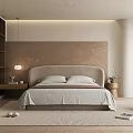 Modern Bedroom Interior With Beige Headboard Wall Curved Headboard Light Gray Bedding And Armchair