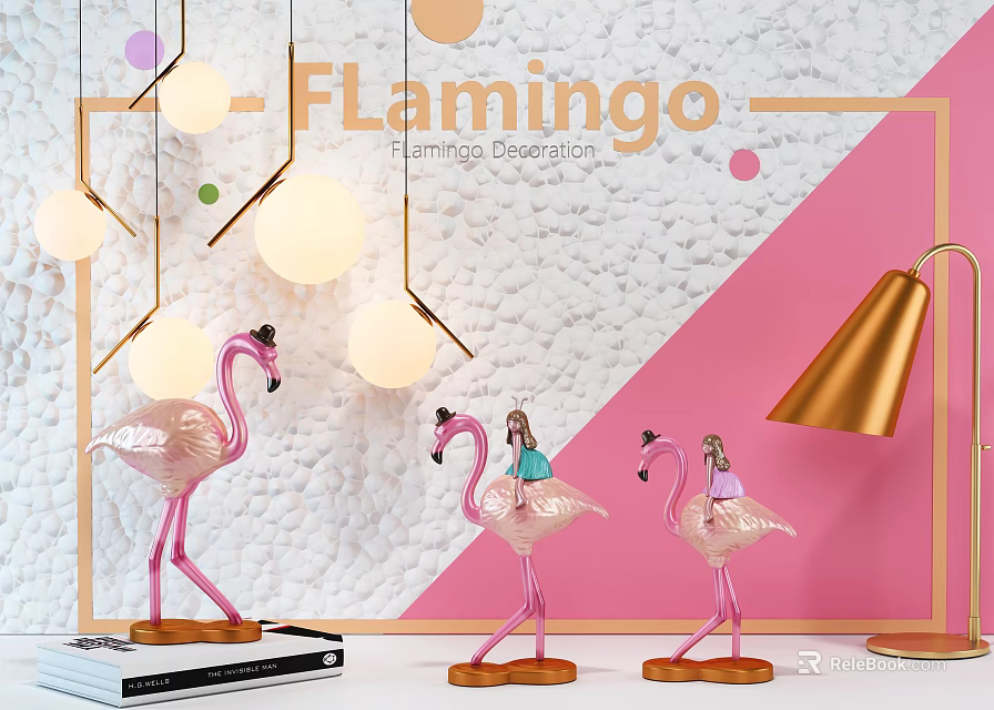 Pink Flamingo Decorative Figurine Set With Hanging Light Bulbs And Golden Table Lamp 3d model 