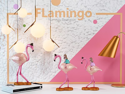 Pink Flamingo Decorative Figurine Set With Hanging Light Bulbs And Golden Table Lamp 3d model