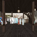 Pink Walls Clothing Store Interior With Wooden Floor Long Table Stools And White Dress Model