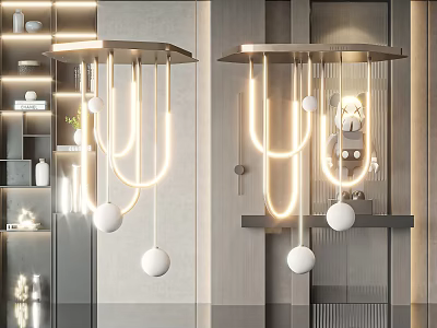 Modern Metal Frame Chandelier With LED Strip Lights And White Spherical Pendants In Contemporary Interior 3d model