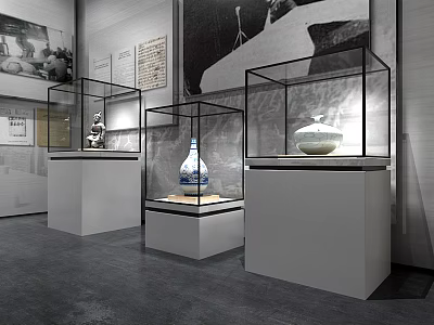 Glass Display Cases Showcasing Ancient Antiques In Modern Exhibition Hall With Soft Lighting 3d model