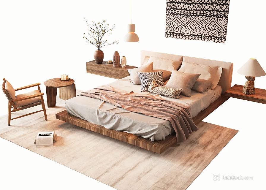 Cozy Wooden Frame Double Bed With Pillows Blanket Nightstand Table Lamp And Rug 3d model 