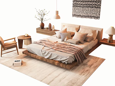 Cozy Wooden Frame Double Bed With Pillows Blanket Nightstand Table Lamp And Rug 3d model