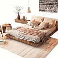 Cozy Wooden Frame Double Bed With Pillows Blanket Nightstand Table Lamp And Rug
